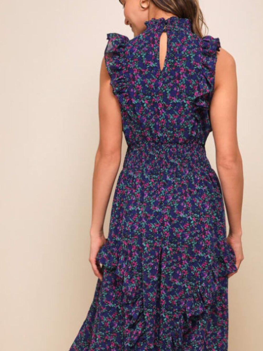 Lulus XS Evalina Navy Blue Floral Print Mock Neck Midi Dress - Picture 3 of 4